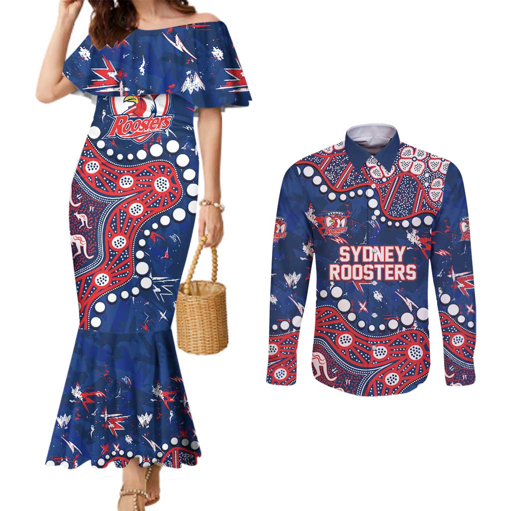 Personalized Sydney Roosters Couples Matching Mermaid Dress and Long Sleeve Button Shirt Aboriginal Pattern with Graffiti Style Design