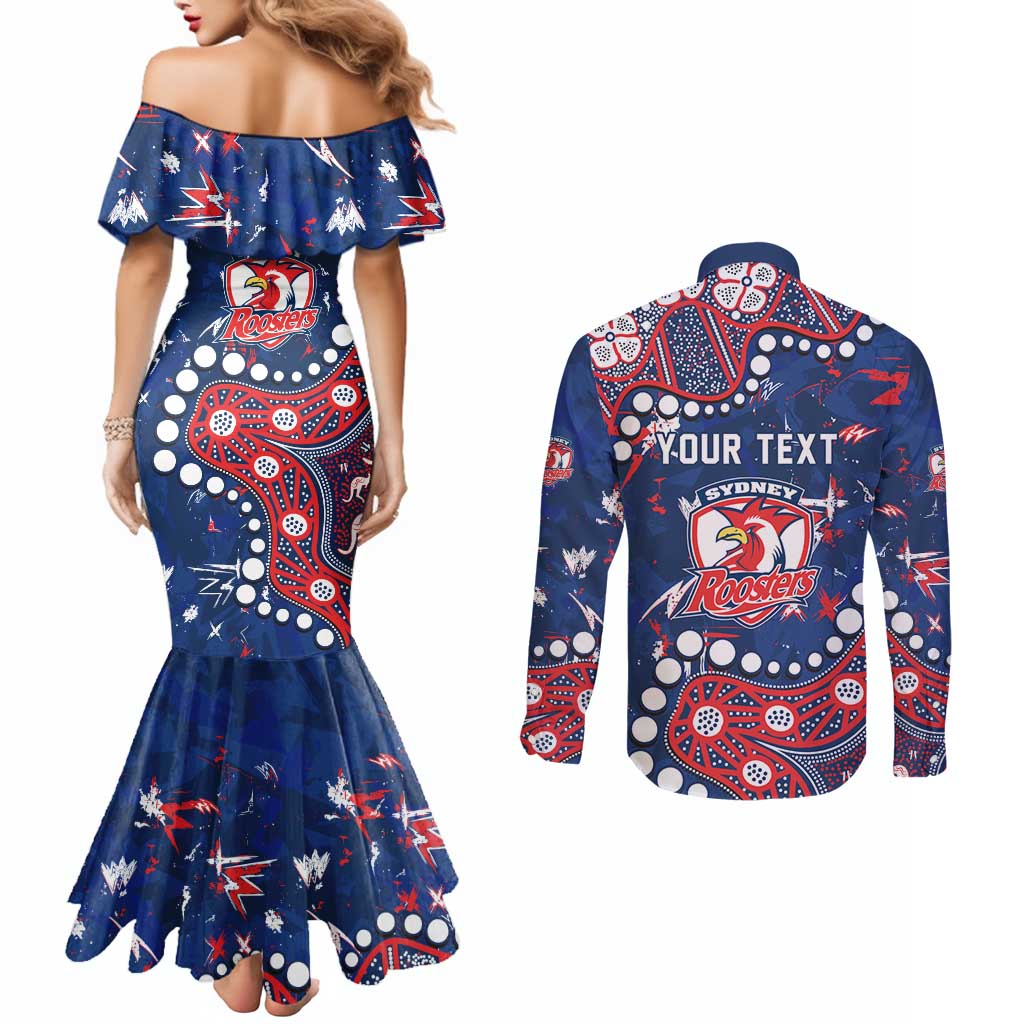 Personalized Sydney Roosters Couples Matching Mermaid Dress and Long Sleeve Button Shirt Aboriginal Pattern with Graffiti Style Design