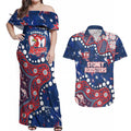 Personalized Sydney Roosters Couples Matching Off Shoulder Maxi Dress and Hawaiian Shirt Aboriginal Pattern with Graffiti Style Design