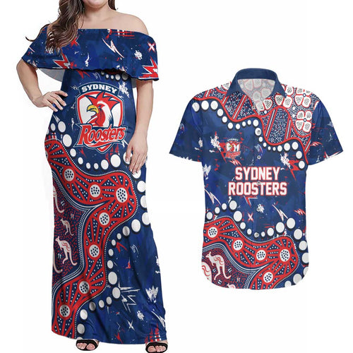 Personalized Sydney Roosters Couples Matching Off Shoulder Maxi Dress and Hawaiian Shirt Aboriginal Pattern with Graffiti Style Design