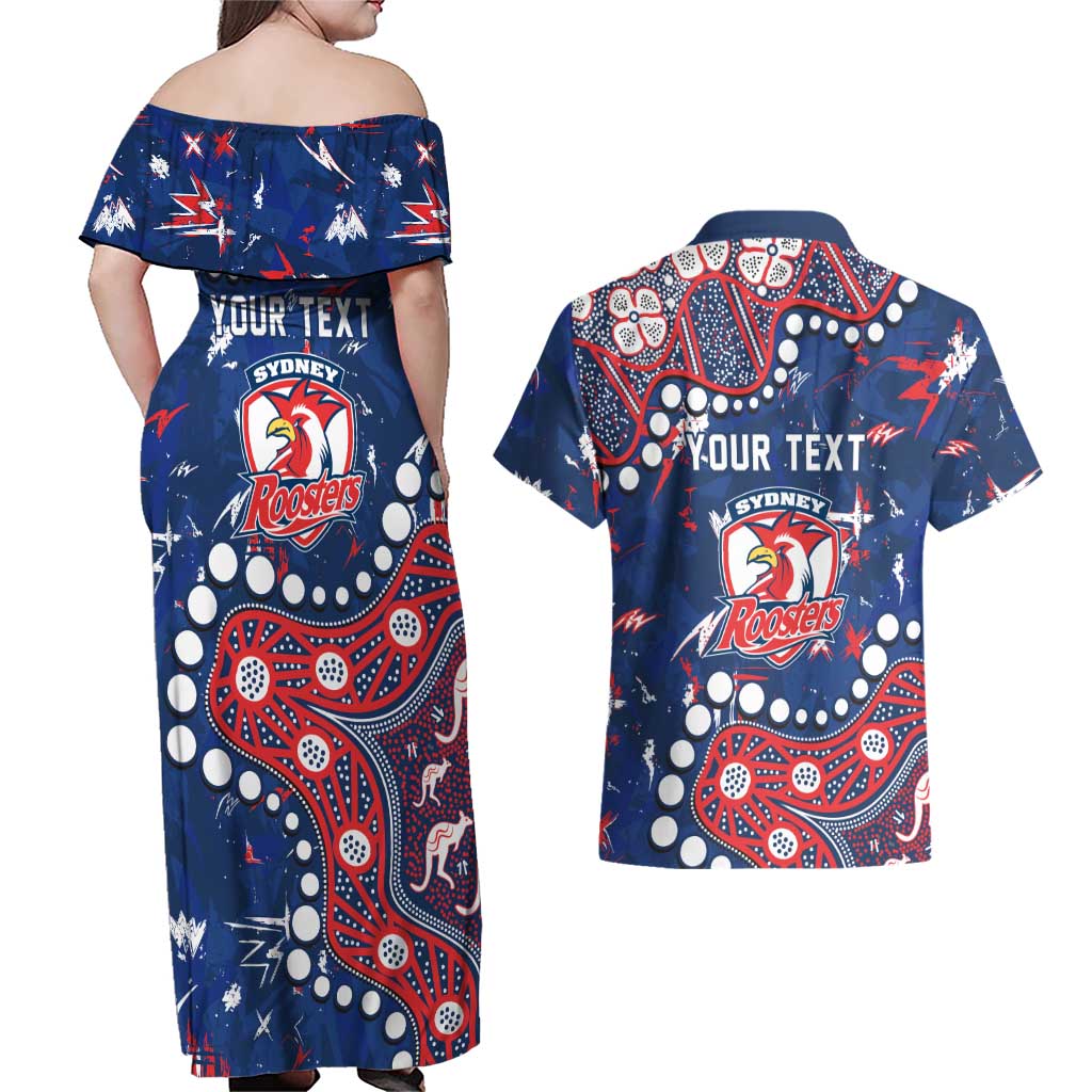 Personalized Sydney Roosters Couples Matching Off Shoulder Maxi Dress and Hawaiian Shirt Aboriginal Pattern with Graffiti Style Design