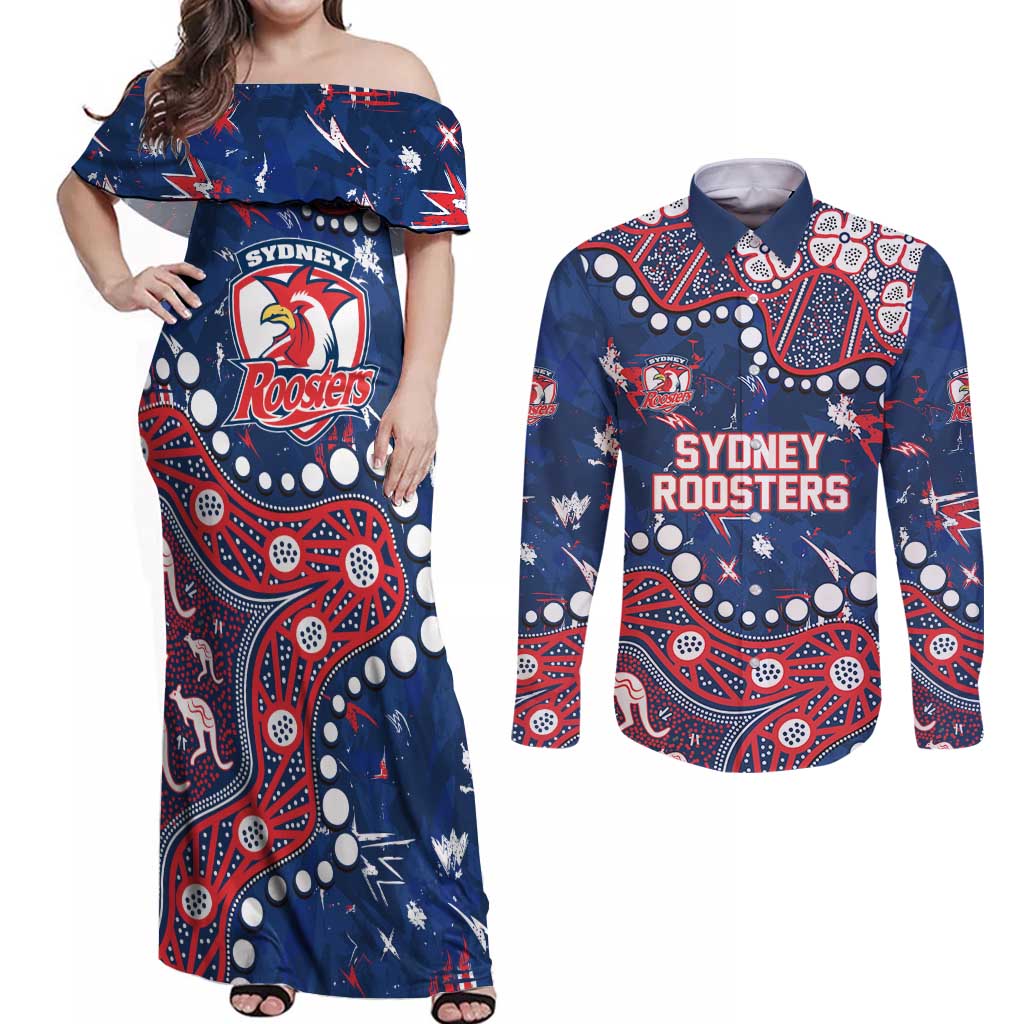 Personalized Sydney Roosters Couples Matching Off Shoulder Maxi Dress and Long Sleeve Button Shirt Aboriginal Pattern with Graffiti Style Design