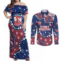 Personalized Sydney Roosters Couples Matching Off Shoulder Maxi Dress and Long Sleeve Button Shirt Aboriginal Pattern with Graffiti Style Design