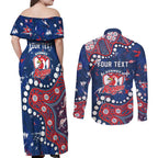 Personalized Sydney Roosters Couples Matching Off Shoulder Maxi Dress and Long Sleeve Button Shirt Aboriginal Pattern with Graffiti Style Design