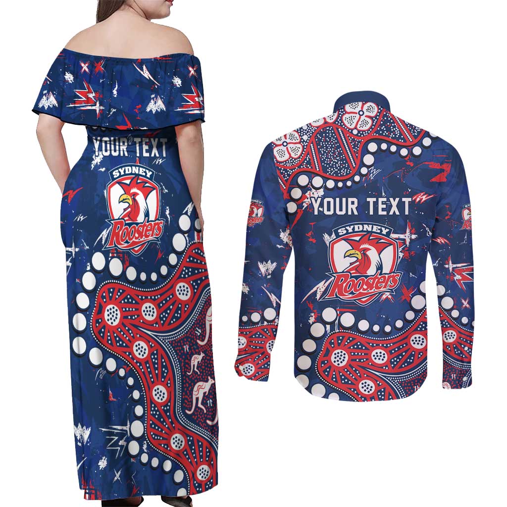 Personalized Sydney Roosters Couples Matching Off Shoulder Maxi Dress and Long Sleeve Button Shirt Aboriginal Pattern with Graffiti Style Design