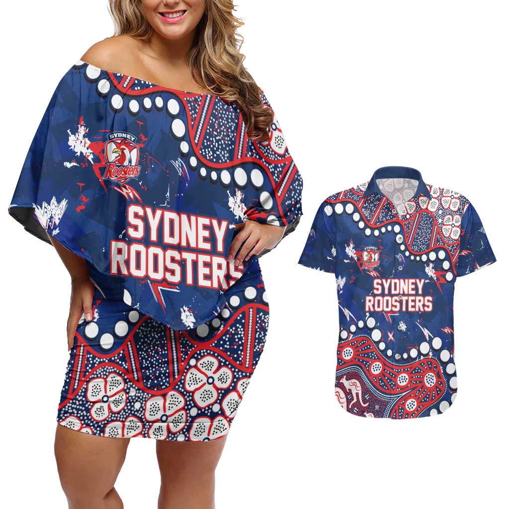 Personalized Sydney Roosters Couples Matching Off Shoulder Short Dress and Hawaiian Shirt Aboriginal Pattern with Graffiti Style Design