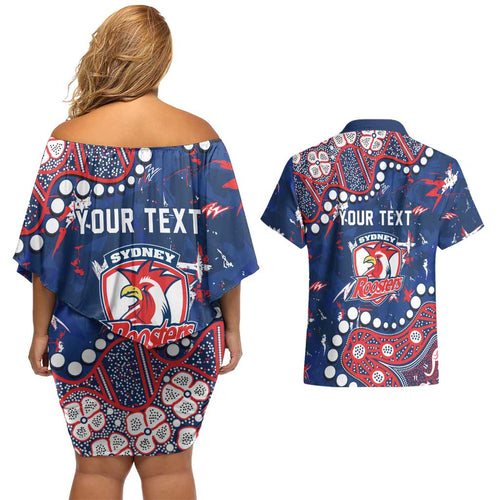 Personalized Sydney Roosters Couples Matching Off Shoulder Short Dress and Hawaiian Shirt Aboriginal Pattern with Graffiti Style Design