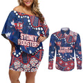 Personalized Sydney Roosters Couples Matching Off Shoulder Short Dress and Long Sleeve Button Shirt Aboriginal Pattern with Graffiti Style Design