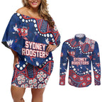 Personalized Sydney Roosters Couples Matching Off Shoulder Short Dress and Long Sleeve Button Shirt Aboriginal Pattern with Graffiti Style Design