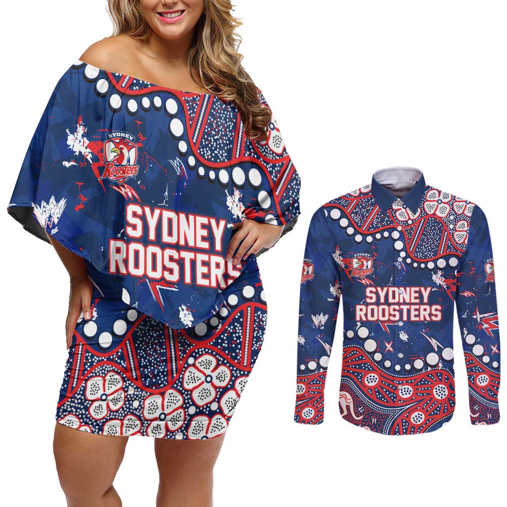 Personalized Sydney Roosters Couples Matching Off Shoulder Short Dress and Long Sleeve Button Shirt Aboriginal Pattern with Graffiti Style Design