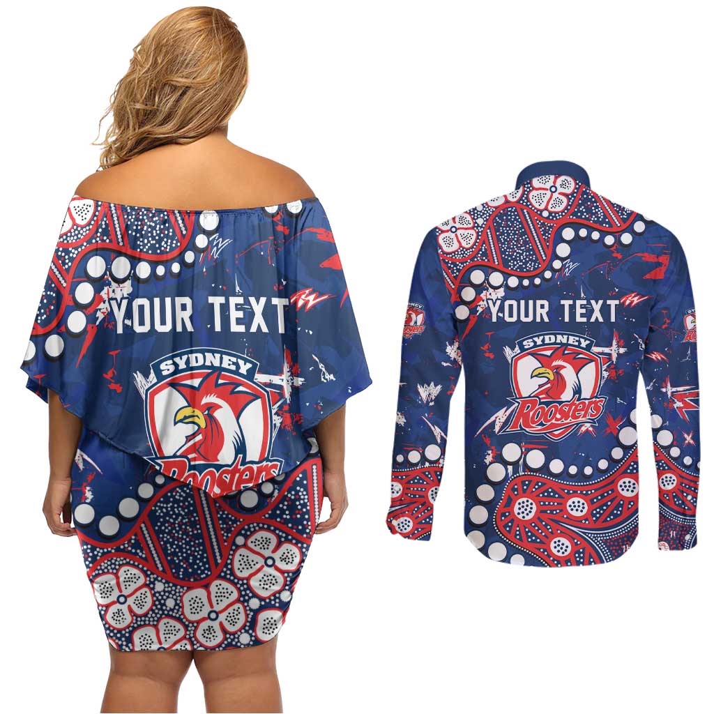 Personalized Sydney Roosters Couples Matching Off Shoulder Short Dress and Long Sleeve Button Shirt Aboriginal Pattern with Graffiti Style Design