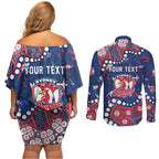 Personalized Sydney Roosters Couples Matching Off Shoulder Short Dress and Long Sleeve Button Shirt Aboriginal Pattern with Graffiti Style Design