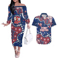 Personalized Sydney Roosters Couples Matching Off The Shoulder Long Sleeve Dress and Hawaiian Shirt Aboriginal Pattern with Graffiti Style Design