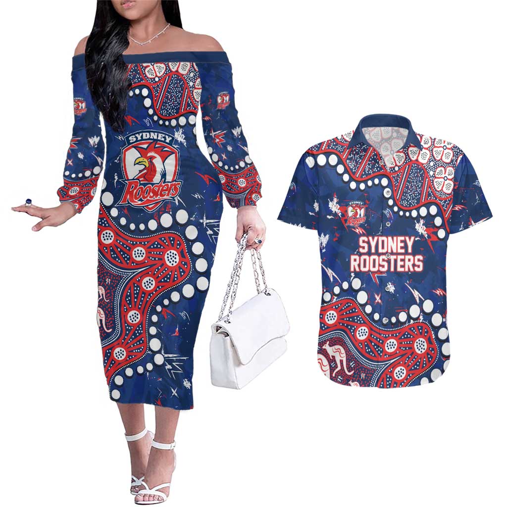 Personalized Sydney Roosters Couples Matching Off The Shoulder Long Sleeve Dress and Hawaiian Shirt Aboriginal Pattern with Graffiti Style Design