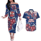 Personalized Sydney Roosters Couples Matching Off The Shoulder Long Sleeve Dress and Hawaiian Shirt Aboriginal Pattern with Graffiti Style Design
