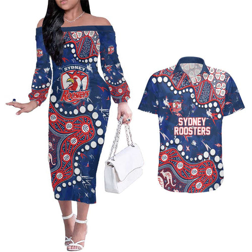 Personalized Sydney Roosters Couples Matching Off The Shoulder Long Sleeve Dress and Hawaiian Shirt Aboriginal Pattern with Graffiti Style Design