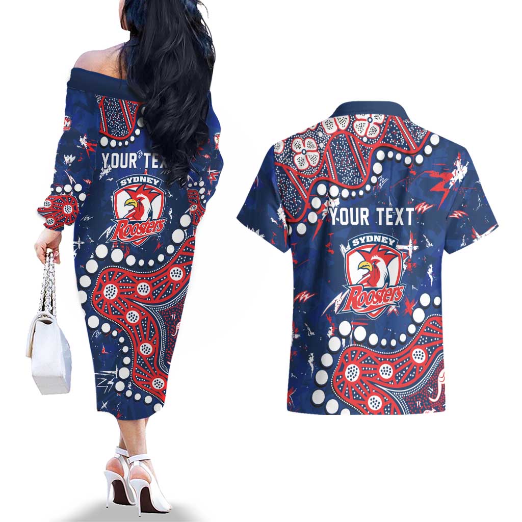 Personalized Sydney Roosters Couples Matching Off The Shoulder Long Sleeve Dress and Hawaiian Shirt Aboriginal Pattern with Graffiti Style Design