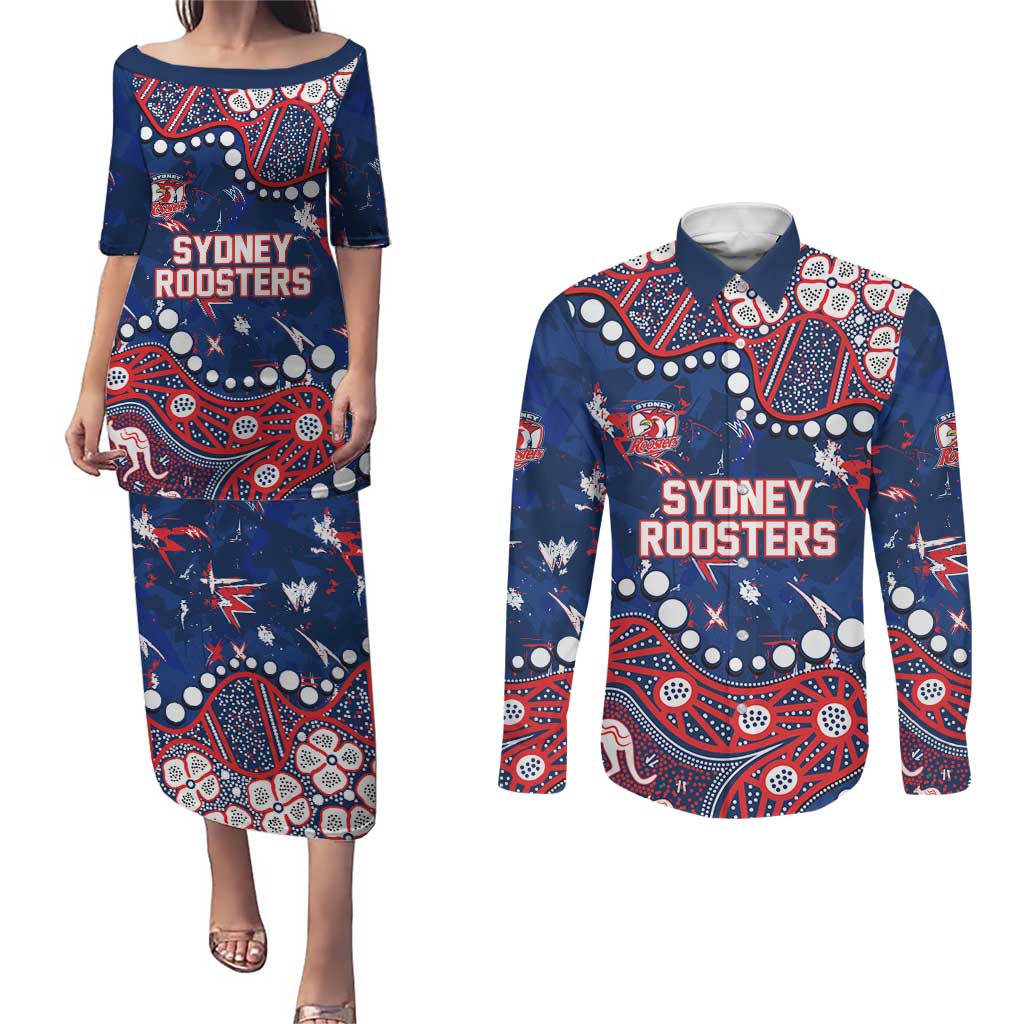 Personalized Sydney Roosters Couples Matching Puletasi and Long Sleeve Button Shirt Aboriginal Pattern with Graffiti Style Design
