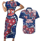 Personalized Sydney Roosters Couples Matching Short Sleeve Bodycon Dress and Hawaiian Shirt Aboriginal Pattern with Graffiti Style Design