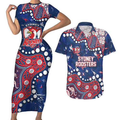 Personalized Sydney Roosters Couples Matching Short Sleeve Bodycon Dress and Hawaiian Shirt Aboriginal Pattern with Graffiti Style Design