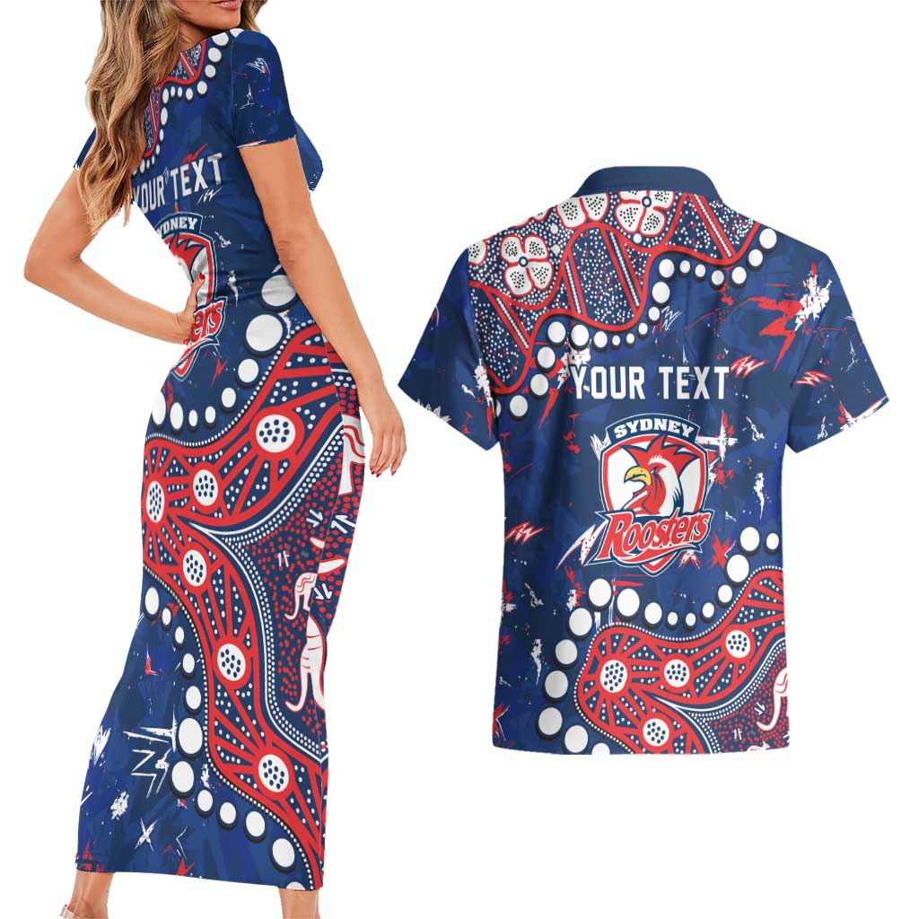 Personalized Sydney Roosters Couples Matching Short Sleeve Bodycon Dress and Hawaiian Shirt Aboriginal Pattern with Graffiti Style Design