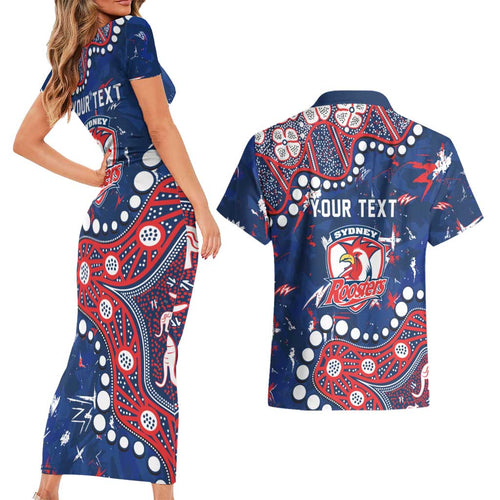 Personalized Sydney Roosters Couples Matching Short Sleeve Bodycon Dress and Hawaiian Shirt Aboriginal Pattern with Graffiti Style Design
