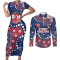 Personalized Sydney Roosters Couples Matching Short Sleeve Bodycon Dress and Long Sleeve Button Shirt Aboriginal Pattern with Graffiti Style Design