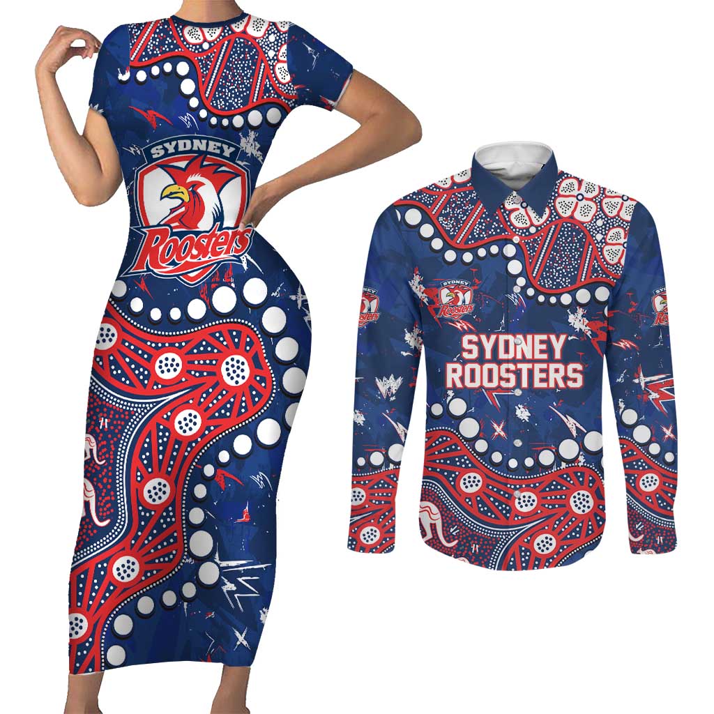Personalized Sydney Roosters Couples Matching Short Sleeve Bodycon Dress and Long Sleeve Button Shirt Aboriginal Pattern with Graffiti Style Design