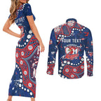 Personalized Sydney Roosters Couples Matching Short Sleeve Bodycon Dress and Long Sleeve Button Shirt Aboriginal Pattern with Graffiti Style Design