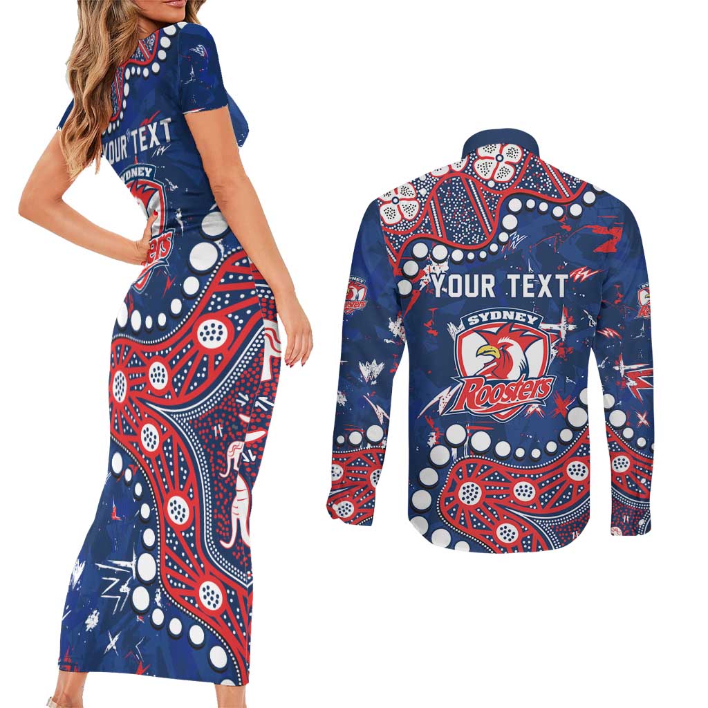 Personalized Sydney Roosters Couples Matching Short Sleeve Bodycon Dress and Long Sleeve Button Shirt Aboriginal Pattern with Graffiti Style Design