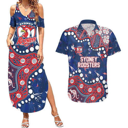 Personalized Sydney Roosters Couples Matching Summer Maxi Dress and Hawaiian Shirt Aboriginal Pattern with Graffiti Style Design