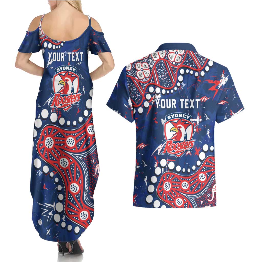 Personalized Sydney Roosters Couples Matching Summer Maxi Dress and Hawaiian Shirt Aboriginal Pattern with Graffiti Style Design
