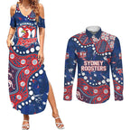 Personalized Sydney Roosters Couples Matching Summer Maxi Dress and Long Sleeve Button Shirt Aboriginal Pattern with Graffiti Style Design