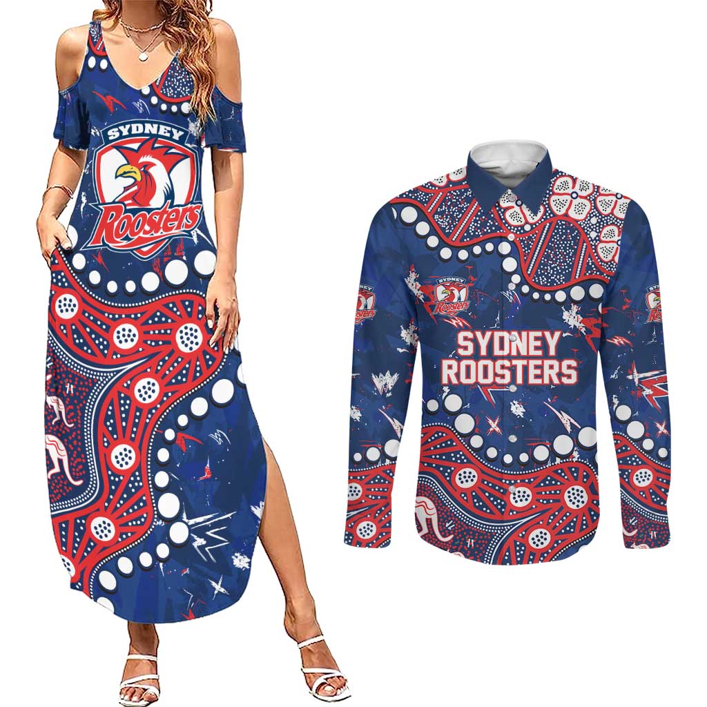 Personalized Sydney Roosters Couples Matching Summer Maxi Dress and Long Sleeve Button Shirt Aboriginal Pattern with Graffiti Style Design