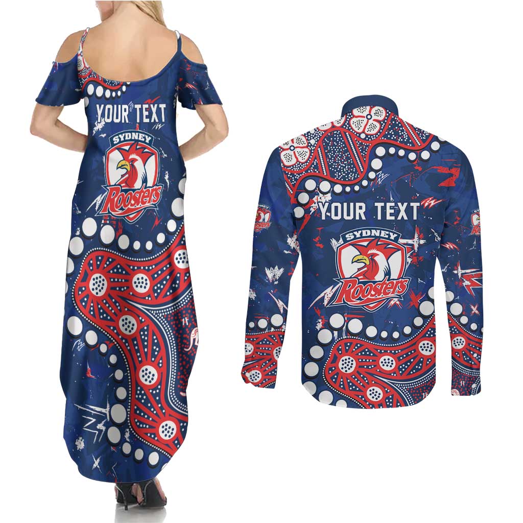 Personalized Sydney Roosters Couples Matching Summer Maxi Dress and Long Sleeve Button Shirt Aboriginal Pattern with Graffiti Style Design