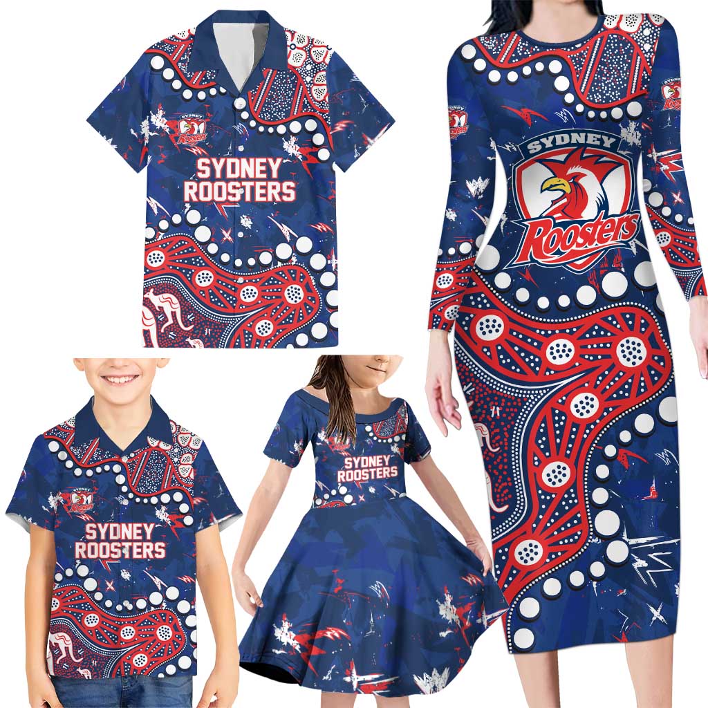 Personalized Sydney Roosters Family Matching Long Sleeve Bodycon Dress and Hawaiian Shirt Aboriginal Pattern with Graffiti Style Design