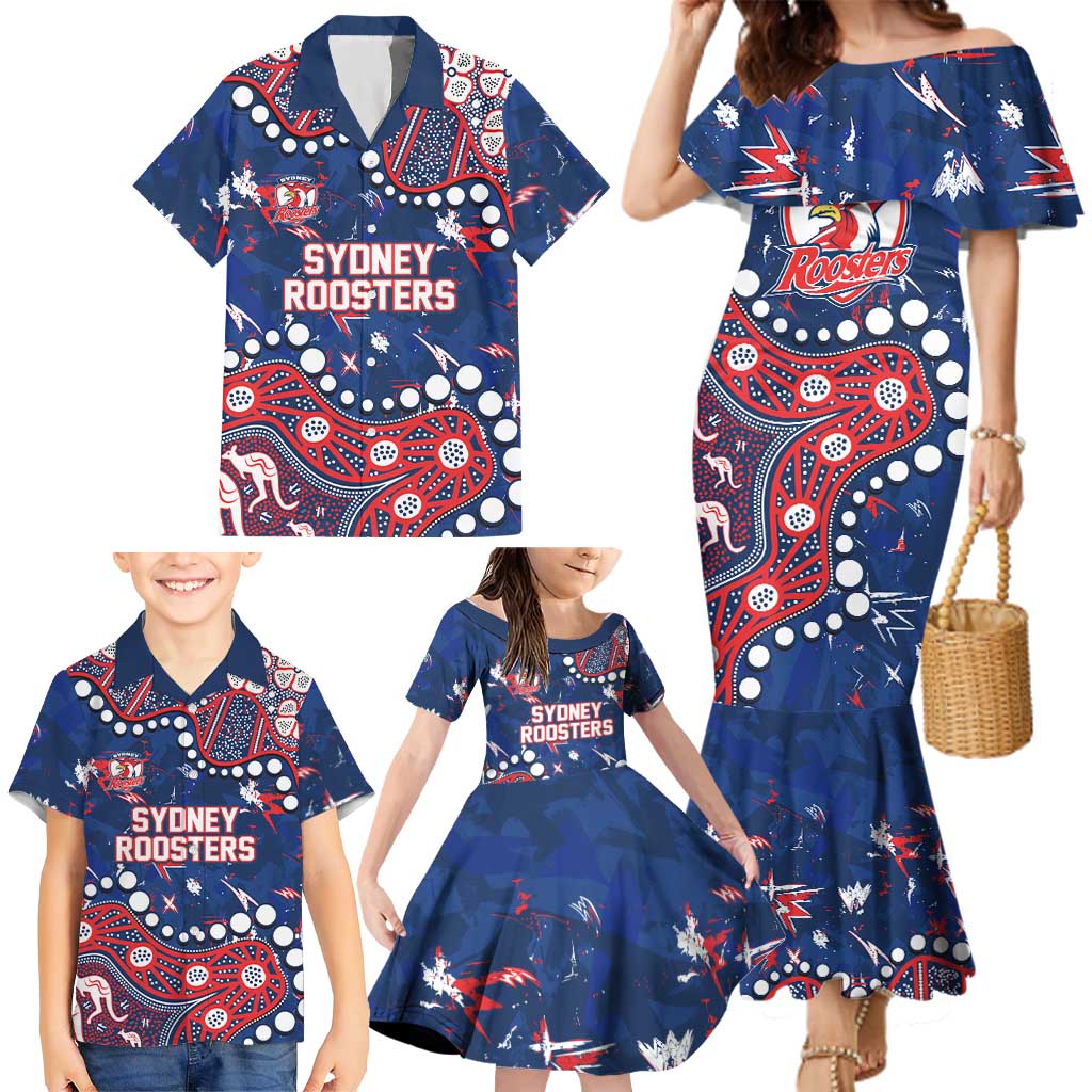 Personalized Sydney Roosters Family Matching Mermaid Dress and Hawaiian Shirt Aboriginal Pattern with Graffiti Style Design