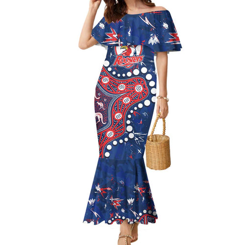 Personalized Sydney Roosters Family Matching Mermaid Dress and Hawaiian Shirt Aboriginal Pattern with Graffiti Style Design