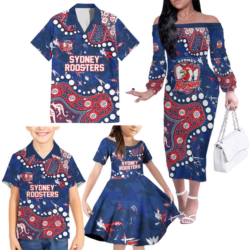 Personalized Sydney Roosters Family Matching Off The Shoulder Long Sleeve Dress and Hawaiian Shirt Aboriginal Pattern with Graffiti Style Design