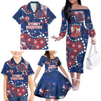 Personalized Sydney Roosters Family Matching Off The Shoulder Long Sleeve Dress and Hawaiian Shirt Aboriginal Pattern with Graffiti Style Design