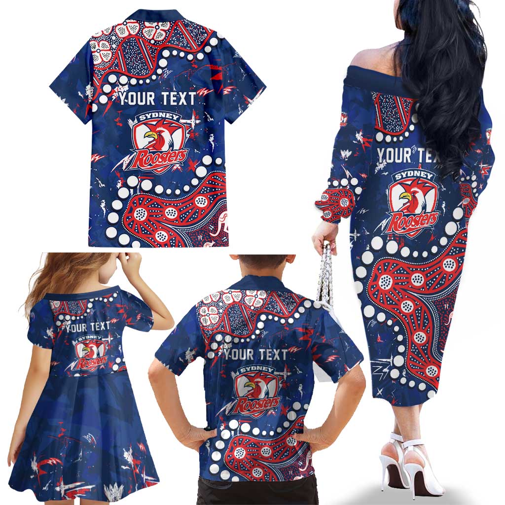 Personalized Sydney Roosters Family Matching Off The Shoulder Long Sleeve Dress and Hawaiian Shirt Aboriginal Pattern with Graffiti Style Design