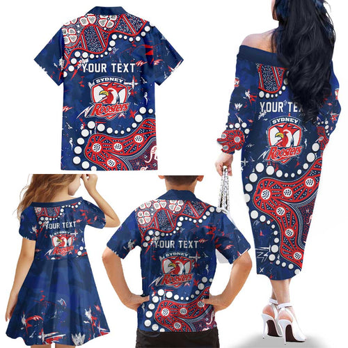 Personalized Sydney Roosters Family Matching Off The Shoulder Long Sleeve Dress and Hawaiian Shirt Aboriginal Pattern with Graffiti Style Design