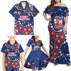Personalized Sydney Roosters Family Matching Off Shoulder Maxi Dress and Hawaiian Shirt Aboriginal Pattern with Graffiti Style Design