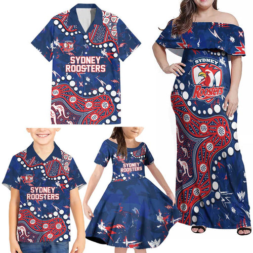 Personalized Sydney Roosters Family Matching Off Shoulder Maxi Dress and Hawaiian Shirt Aboriginal Pattern with Graffiti Style Design