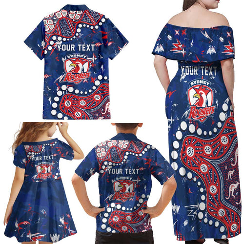 Personalized Sydney Roosters Family Matching Off Shoulder Maxi Dress and Hawaiian Shirt Aboriginal Pattern with Graffiti Style Design