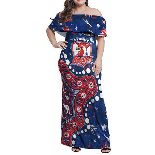 Personalized Sydney Roosters Family Matching Off Shoulder Maxi Dress and Hawaiian Shirt Aboriginal Pattern with Graffiti Style Design