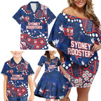 Personalized Sydney Roosters Family Matching Off Shoulder Short Dress and Hawaiian Shirt Aboriginal Pattern with Graffiti Style Design