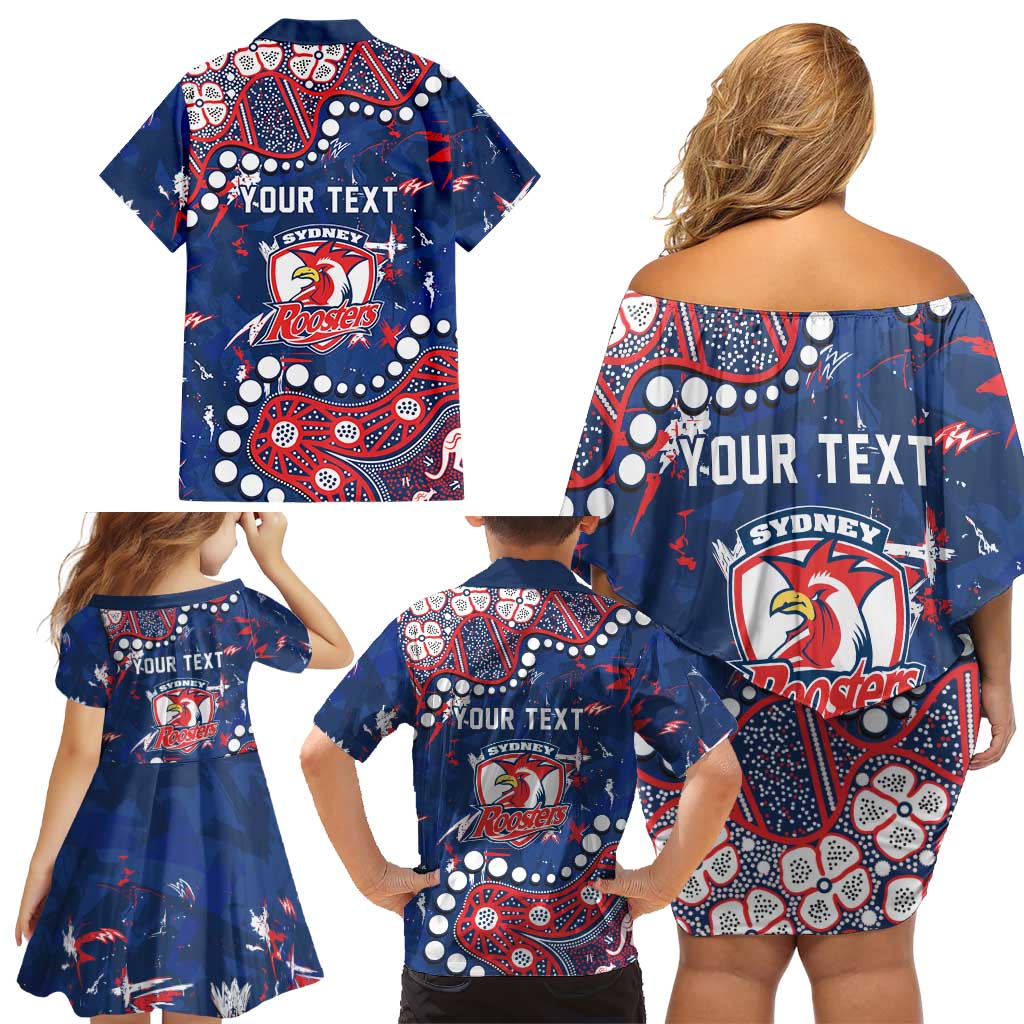 Personalized Sydney Roosters Family Matching Off Shoulder Short Dress and Hawaiian Shirt Aboriginal Pattern with Graffiti Style Design
