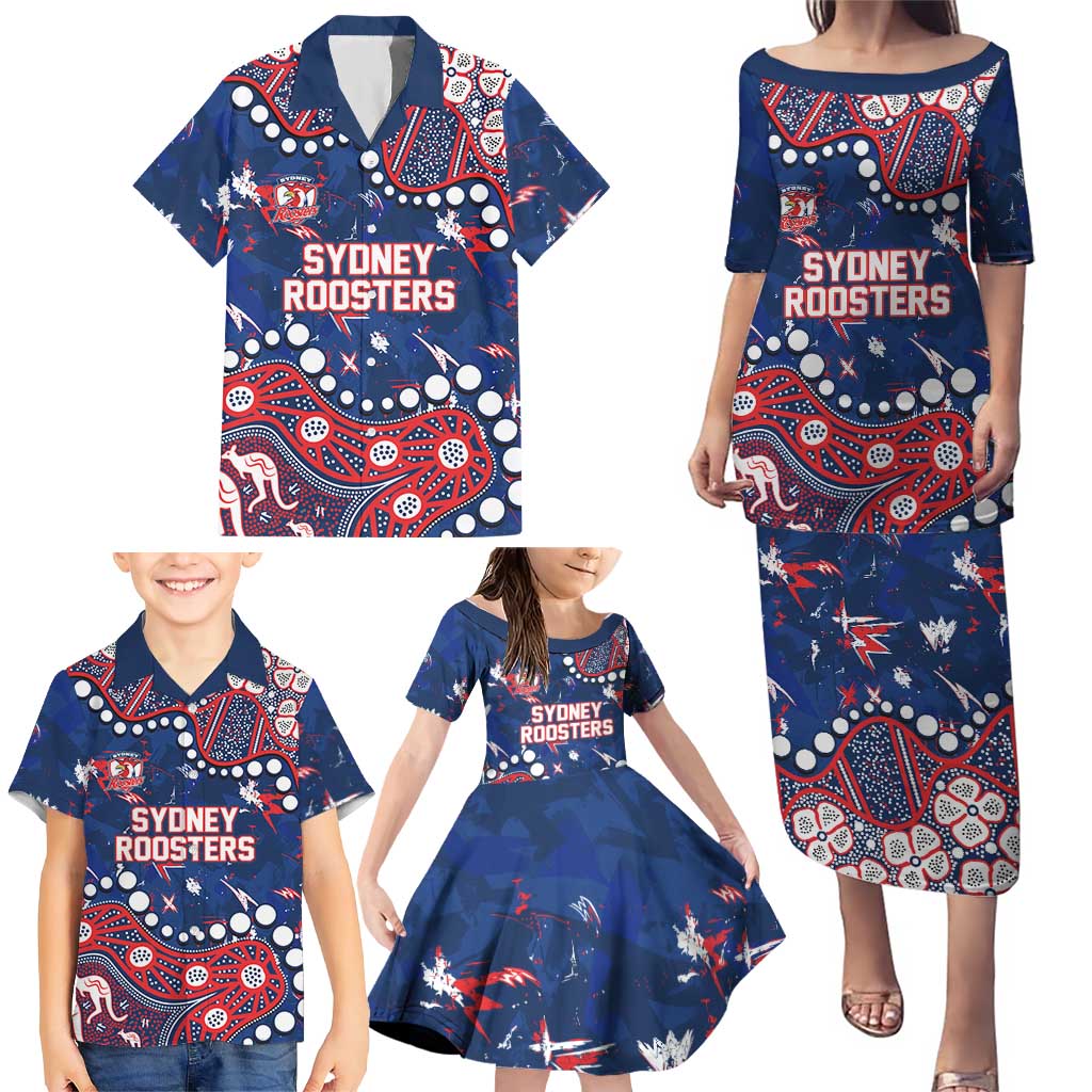 Personalized Sydney Roosters Family Matching Puletasi and Hawaiian Shirt Aboriginal Pattern with Graffiti Style Design