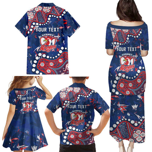 Personalized Sydney Roosters Family Matching Puletasi and Hawaiian Shirt Aboriginal Pattern with Graffiti Style Design